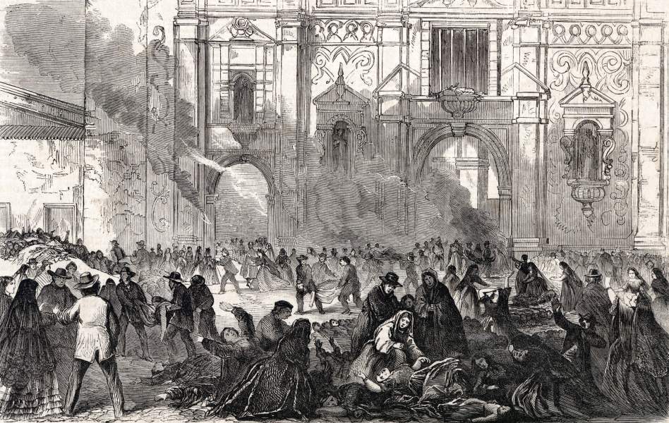 Search for the missing of fire disaster in Santiago, Chile, December 8, 1863, artist's impression, zoomable image