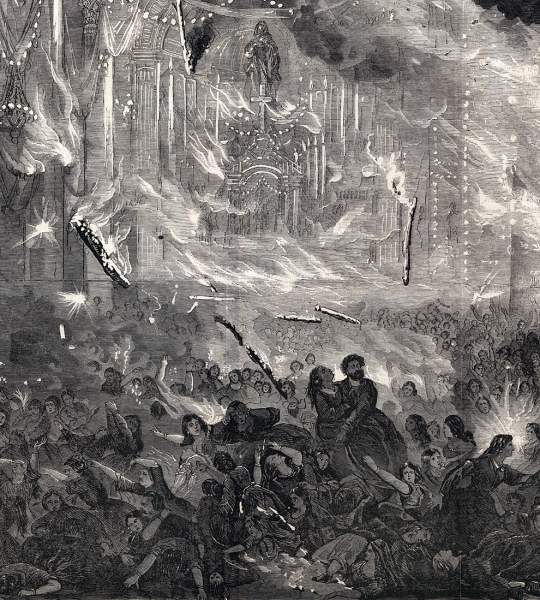 Disaster inside the Church of the Compania, Santiago, Chile, December 8, 1863, artist's impression, detail