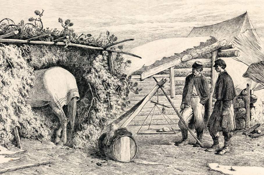 "The Commissary's Quarters in Winter Camp," Edwin Forbes, copper plate etching, 1876, detail