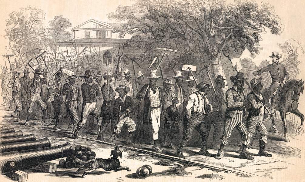 "Morning Mustering of the 'Contraband' at Fortress Monroe," October 1861, artist's impression, zoomable image