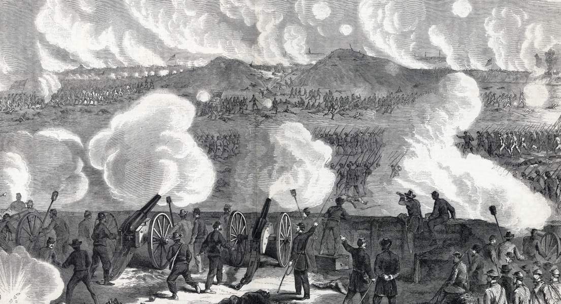 Union's Ninth Corps attacking after the explosion of the mine at Petersburg, July 30,1864, artist's impression, zoomable detail 