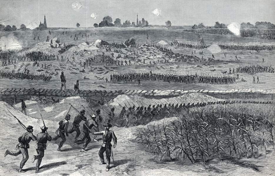 Charge of African-American brigades, Petersburg, Virginia, July 30, 1864, artist's impression, zoomable image