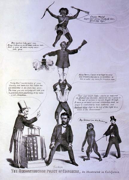 "The reconstruction policy of Congress, as illustrated in California," political cartoon, 1867