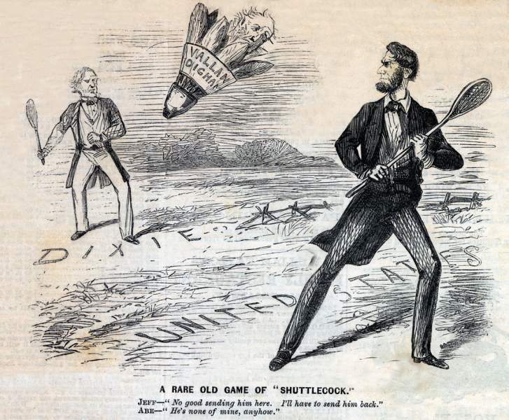 "A Rare Old Game of 'Shuttlecock'," cartoon, June 20, 1863