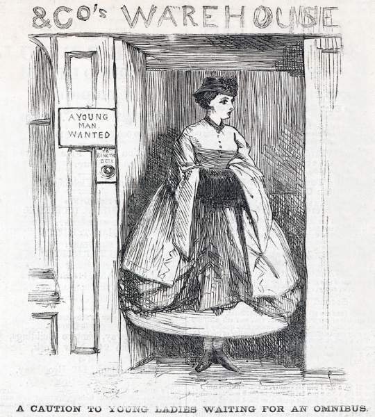 "A Caution to Young Ladies waiting for an Omnibus," January 21, 1865, cartoon, Harper's Weekly Magazine