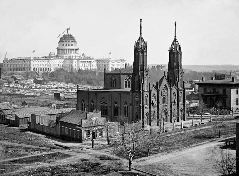 Trinity Episcopal Church, 3rd and Indiana Avenue, Washington D.C., circa 1860-1861, U.S. Capitol in background, zoomable image