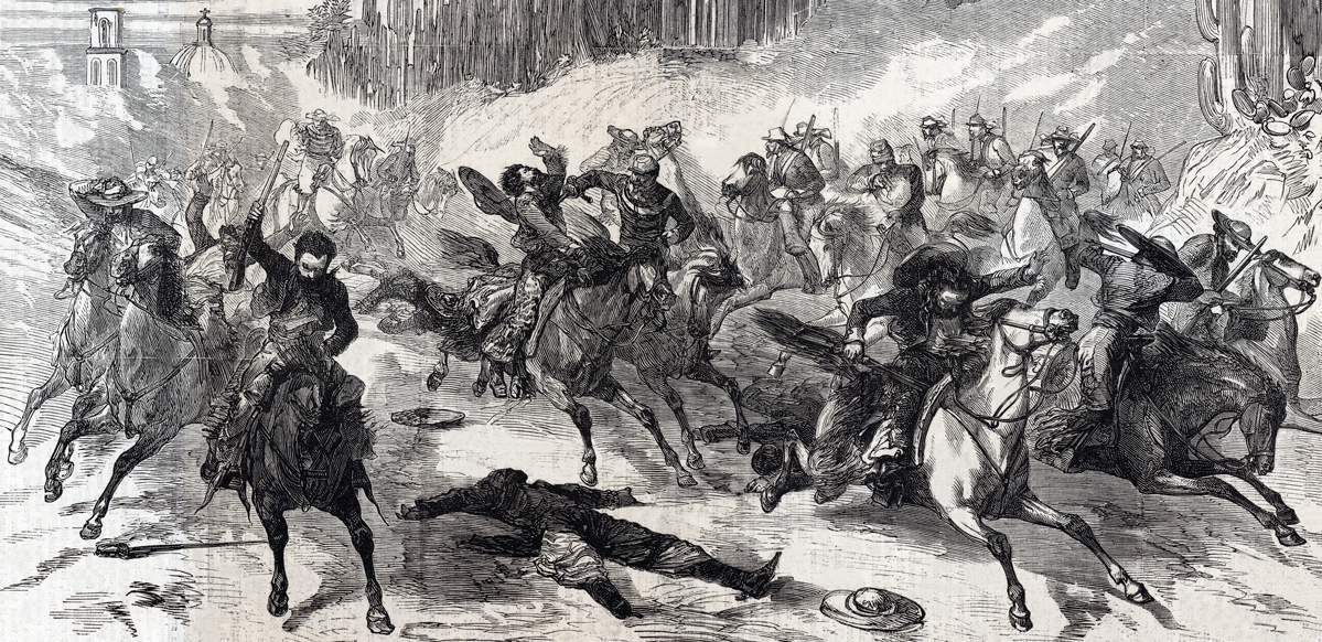 Death of Republican Manuel Garcia Pueblita at hands of Imperial troops, Uroapan, Mexico, June 23, 1865, artist's impression