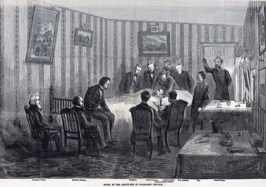 President Lincoln's Deathbed, Petersen's Boarding House, Washington, April 14-15, 1865, artist's impression, zoomable image