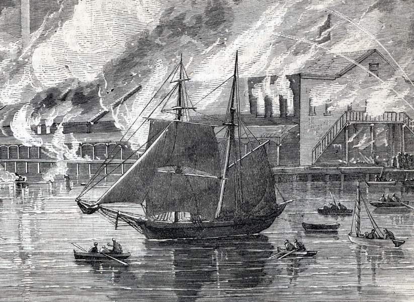 Destruction of the Michigan Central Railway Depot, Detroit, Michigan, October 18, 1865, artist's impression, detail