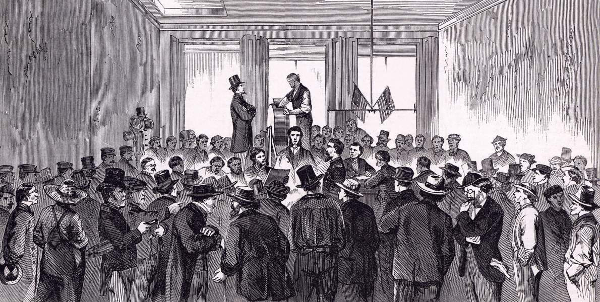 Draft drawings resuming in New York City's Sixth District, August 19, 1863, artist's impression, zoomable image
