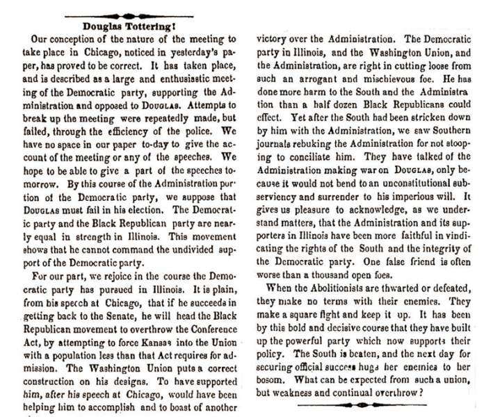 "Douglas Tottering!" Charleston (SC) Mercury, July 29, 1858