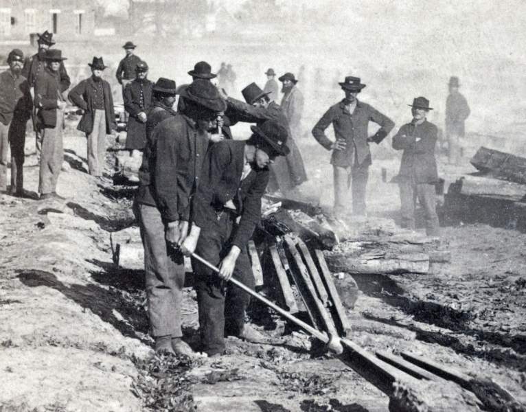 Union troops destroying railroad track, Atlanta, Georgia, November 1864, detail