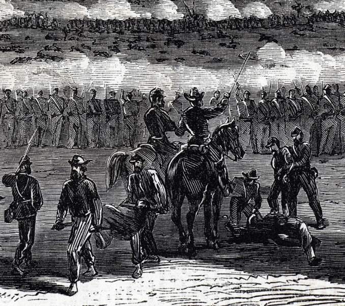 Confederate forces falling back at Third Battle of Winchester, Virginia, September 19, 1864, artist's impression, detail