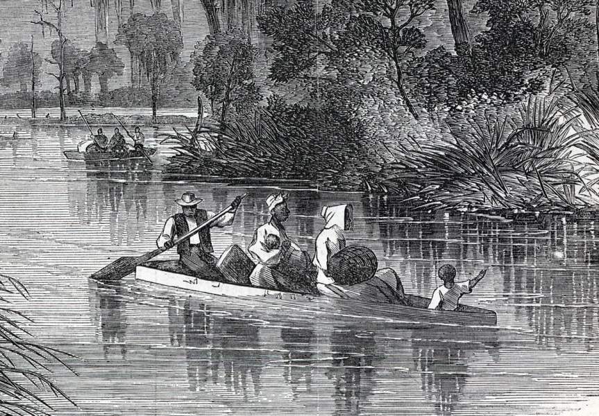Fugitive slaves, Cape Fear River, North Carolina, 1865, artist's impression, detail