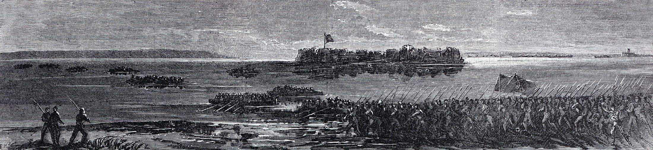 Confederate troops evacuating Morris Island, South Carolina, September 6-7, 1863, artist's impression, zoomable image