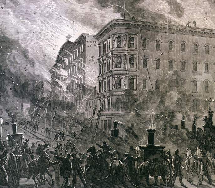 Devastating fire in downtown Cincinnati, Ohio, March 22, 1866, artist's impression, detail