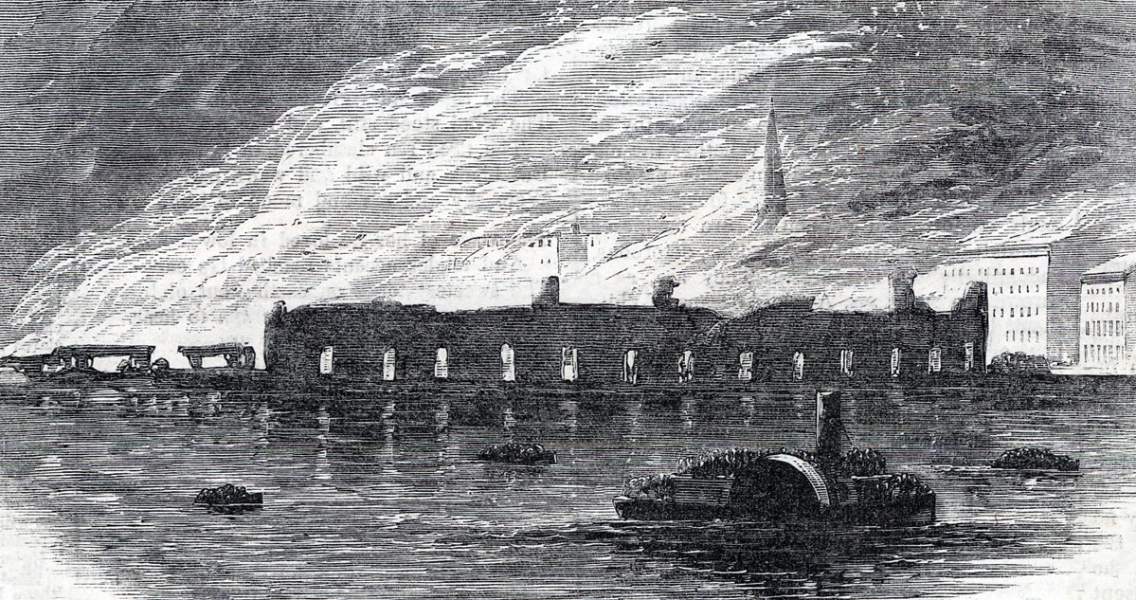 Fire at the Michigan Central Railroad Depot, Detroit, Michigan, October 18, 1865, artist's impression