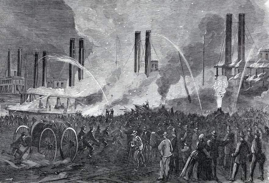 Fire on the Pittsburgh River Docks, September 10, 1865, artist's impression, detail