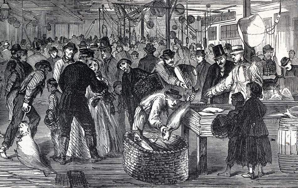 Fulton Fish Market, New York City, October 1865, artist's impression, detail
