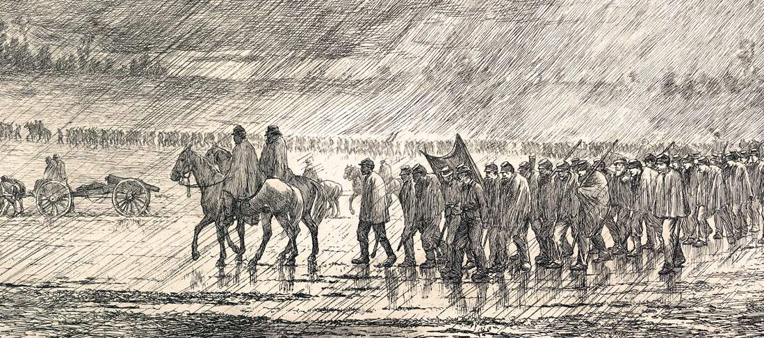 "A Flank March Across Country during a Thunder Shower," Edwin Forbes, copper plate etching, 1876, detail