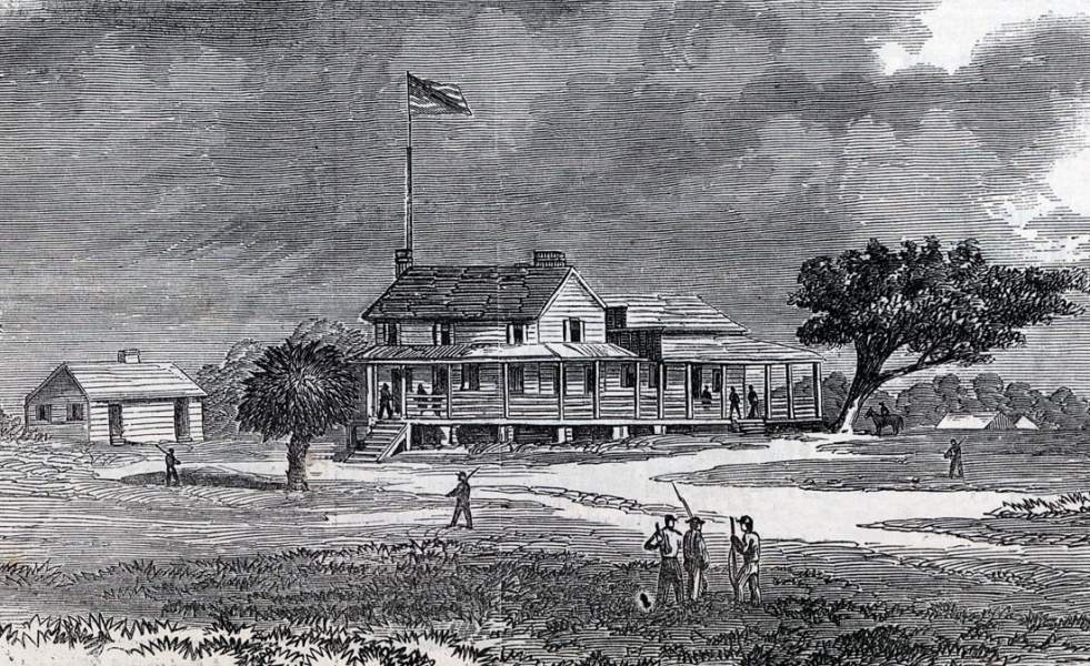 Military Headquarters, Campbell House, Folly Island, South Carolina, July 1863, artist's impression
