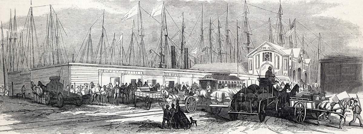 Fulton Fish Market Building, South Street, New York City, October 1865, artist's impression