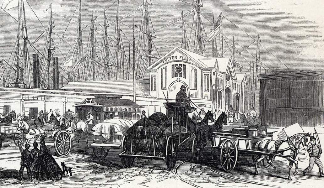 Fulton Fish Market Building, South Street, New York City, October 1865, artist's impression, detail