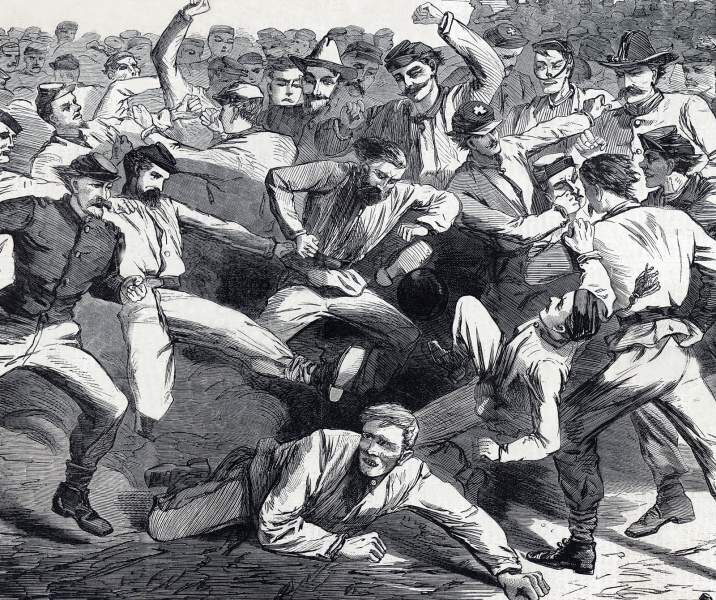 Winslow Homer, "Holiday in Camp - Soldiers Playing 'Football'," Harper's Weekly Magazine, July 15, 1865, zoomable image, detail