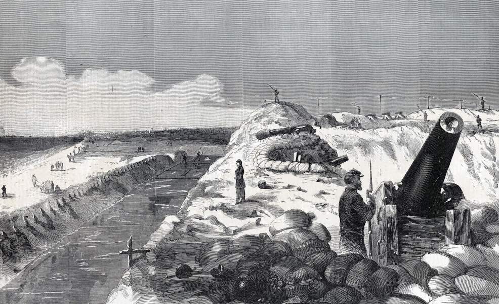 Fort Wagner, South Carolina, in Union hands, seaward side, September 7, 1863, artist's impression, zoomable image