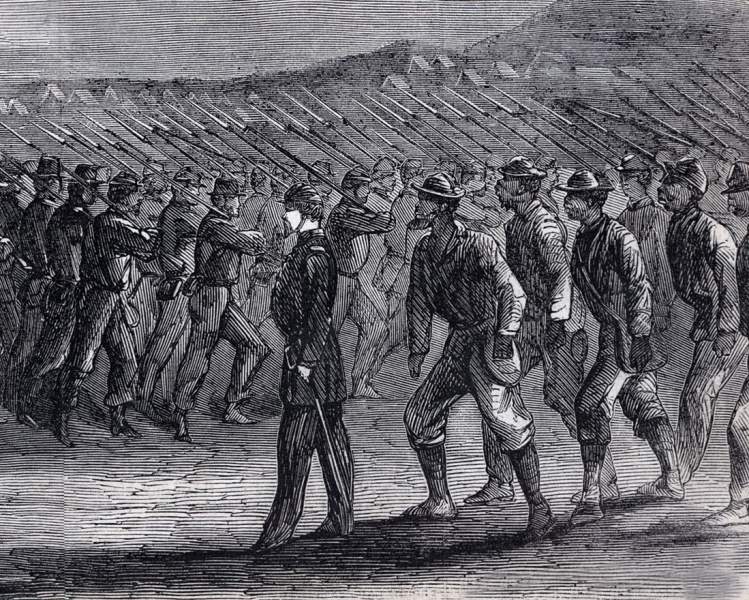 Union replacements move up to the trenches before Fort Wagner, South Carolina, August 1865, artist's impression, detail