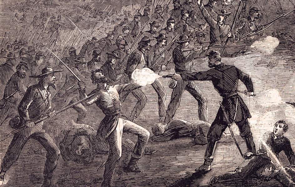 Louisiana Tigers attack East Cemetery Hill, Gettysburg, July 2, 1863, artist's impression, further detail