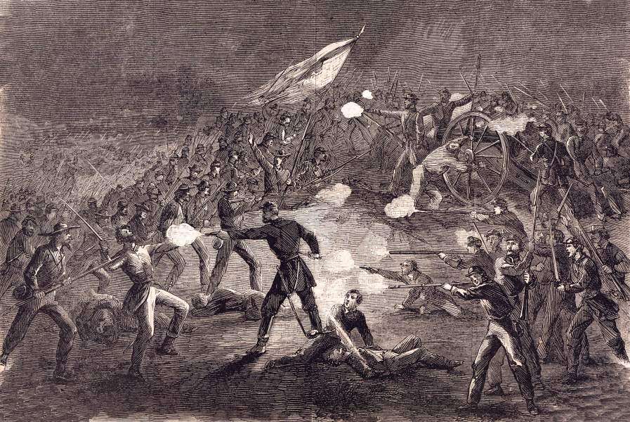 Louisiana Tigers attack East Cemetery Hill, Gettysburg, July 2, 1863, artist's impression, zoomable image
