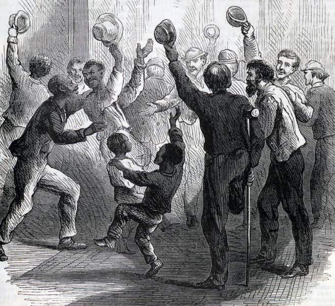 Reaction outside the galleries as the House of Representatives passes the Civil Rights Bill, March 13, 1866, artist's impression