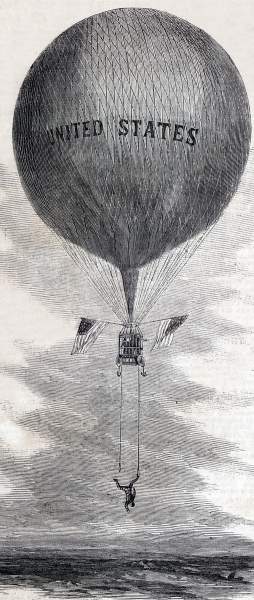 Harry Leslie's gymnastic feat over Lowe's Aeronautic Amphitheatre, New York City, September 30, 1865, artist's impression