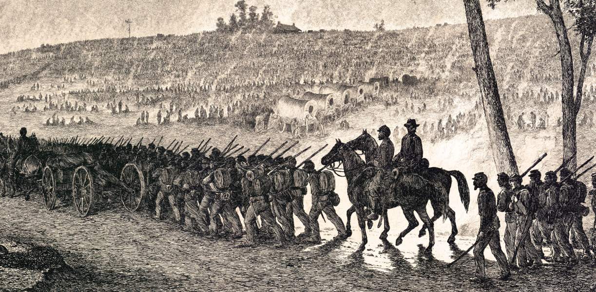 "Going into Camp at Night," Edwin Forbes, copper plate etching, 1876, detail, zoomable image