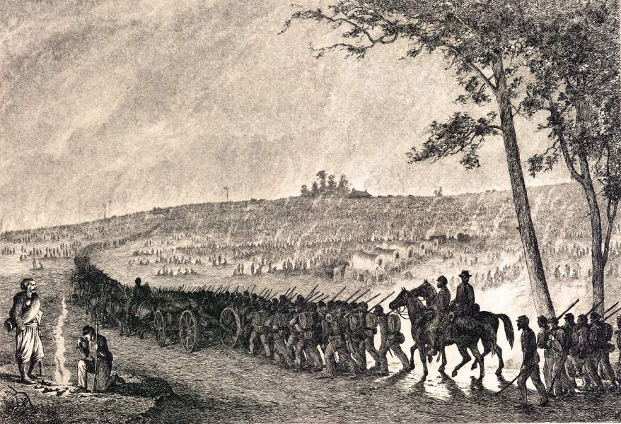 "Going into Camp at Night," Edwin Forbes, copper plate etching, 1876, zoomable image