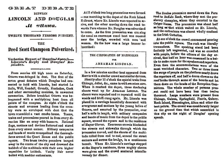 "Great Debate Between Lincoln and Douglas at Ottawa," Chicago (IL) Press and Tribune, August 23, 1858