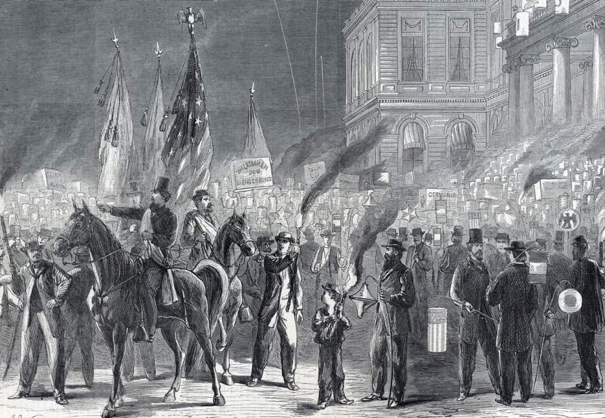German Singing Societies, evening parade, City Hall Park, July 15, 1865, artist's impression, detail