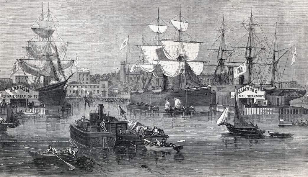 Hamburg-American and North German Lloyd docks, Hoboken, New Jersey, September, 1865, artist's impression, detail