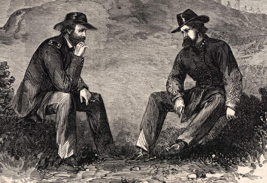 Grant and Pemberton discussing surrender terms, Vicksburg, Mississippi, July 1863, artist's impression, detail