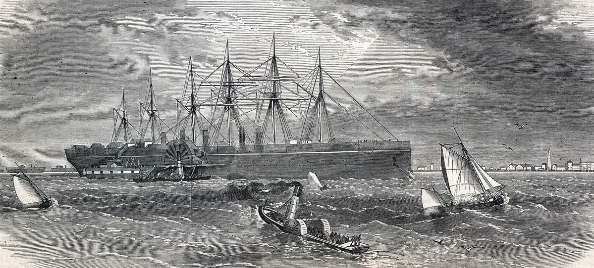 S.S. Great Eastern loading the Atlantic cable, off Sheerness, England, July 1865, artist's impression
