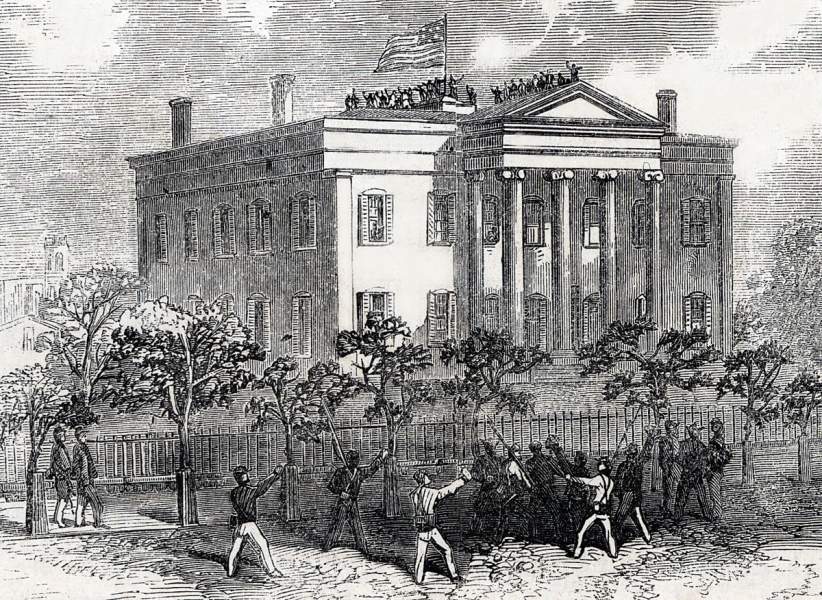 Union troops raising their flag over the Governor's Mansion, Milledgeville, Georgia, November 1864, artist's impression