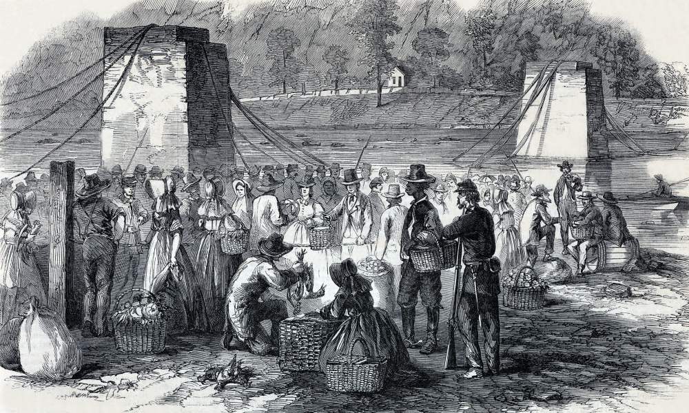 Country Market, Harpers Ferry, Virginia, September 1864, artist's impression, zoomable image