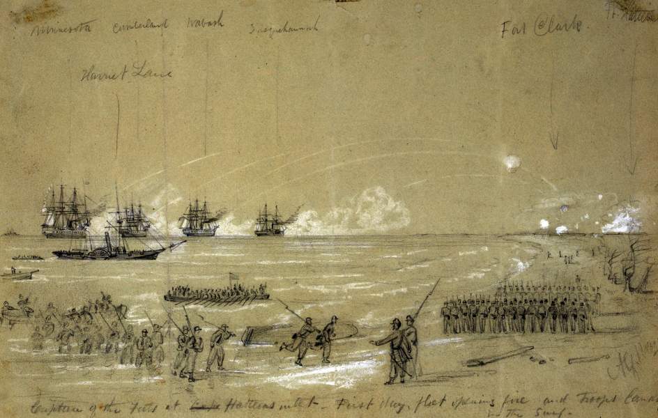 Bombardment and Landing of Troops, Hatteras Inlet, North Carolina, August 28, 1861, artist's sketch, zoomable image