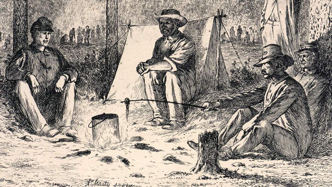 "A Hasty Supper on the Battle Field," Edwin Forbes, copper plate etching, 1876, detail