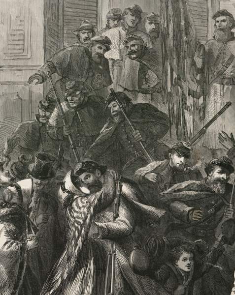 "Return of Veteran Volunteers on Furlough," Daniel R. Knight, Harper's Weekly, January 1864, artist's impression, detail
