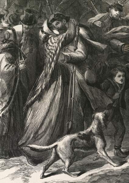 "Return of Veteran Volunteers on Furlough," Daniel R. Knight, Harper's Weekly, January 1864, artist's impression, further detail
