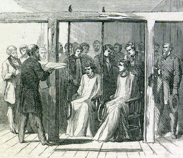 Preparing two murderers for execution, Chicago, Illinois, December 15, 1865, artist's impression