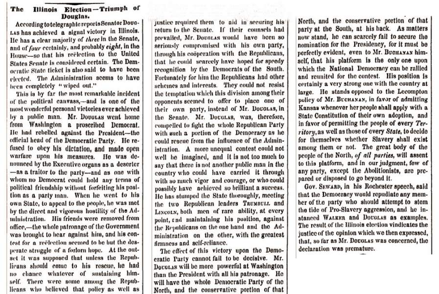 "The Illinois Election - Triumph of Douglas," New York Times, November 5, 1858