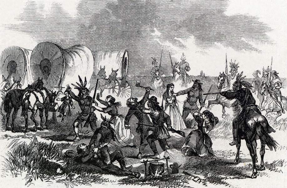 Native American attack on Western immigrant wagon train, August 1864, artist's impression